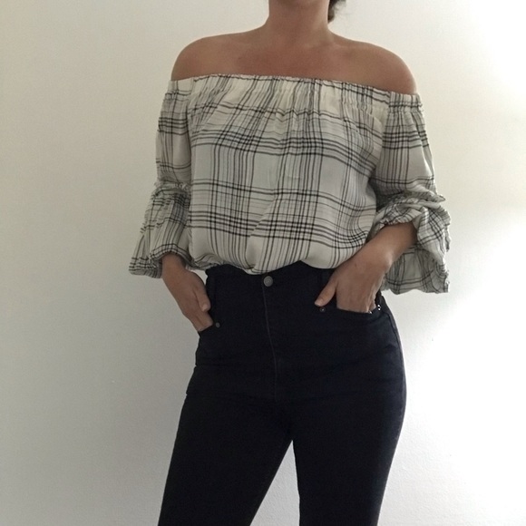 Nordstrom Black and white plaid peasant top - Picture 2 of 6